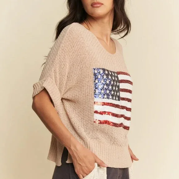 Davi & Dani Sequin‎ American Flag Patch Short Sleeve Knit Top - Picture 4 of 10